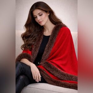 Cashmere Silk Fox Fur-Trimmed Women's shawl wrap crimson